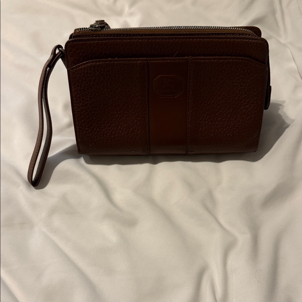 Vintage Burberry Brown Leather Clutch Bag w Nova Check Interior